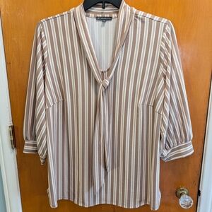 Adrianna Papell Taupe and Ivory Striped Tie-Neck Blouse